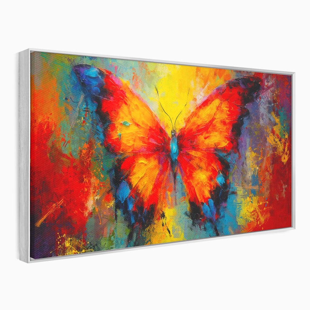 Tablou canvas cu pictura orizontala cu fluture colorat, in rama de aluminiu argintiu